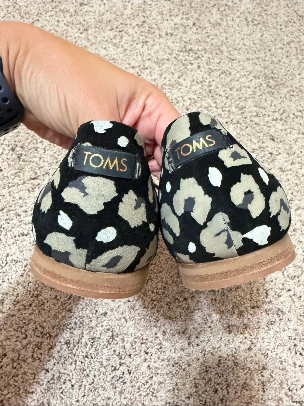 TOMS Black Flats with Black & White Leopard Heel Accent